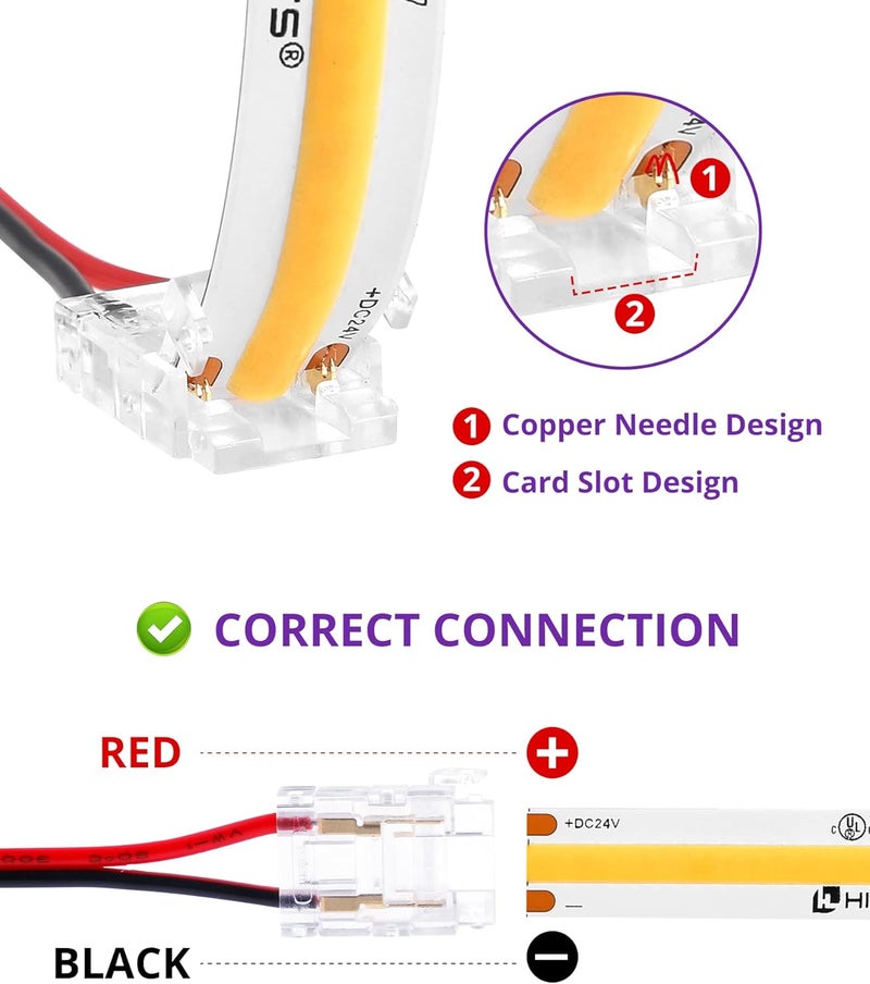 HitLights LED Strip Connector 2Pin 10mm Connector Kit Include Gapless Connector, Jumper Connectors, Pigtail Connector, DC Female and Connector, DC Jack Splitter for COB/2835 Single Color LED Strips - Image 2